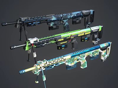 Modern Tactical Rifles With Colorful Camouflage Patterns And Decorative Design Details 3d model