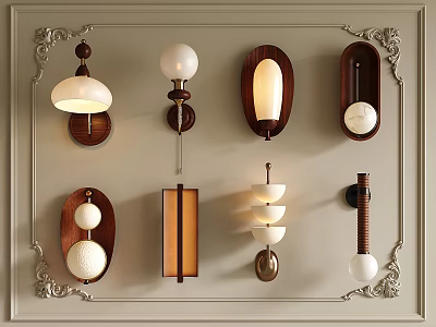 Various Stylish Wall Lamps Displayed On Ornate Decorative Wall Frame 3d model