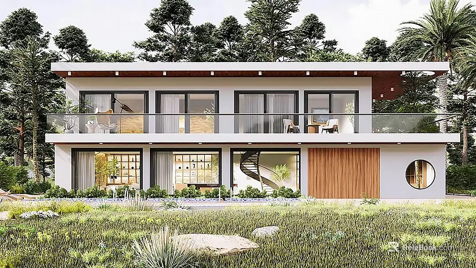 Modern Detached Villa Exterior With Spiral Staircase Lawn Trees And Balcony 3d model 