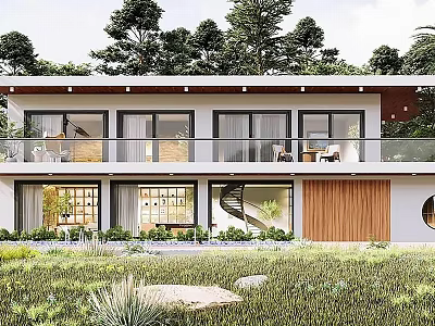 Modern Detached Villa Exterior With Spiral Staircase Lawn Trees And Balcony 3d model