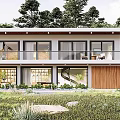 Modern Detached Villa Exterior With Spiral Staircase Lawn Trees And Balcony
