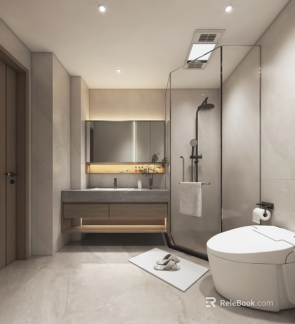 Modern Bathroom Interior Design With Marble Vanity Mirror And Glass Shower Area 3d model 