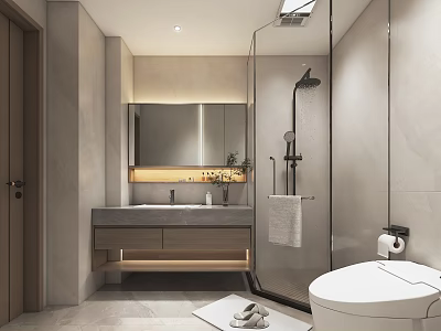 Modern Bathroom Interior Design With Marble Vanity Mirror And Glass Shower Area 3d model