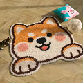Cute Shiba Inu Shaped Rug With Brown White Pink Design On Wooden Floor