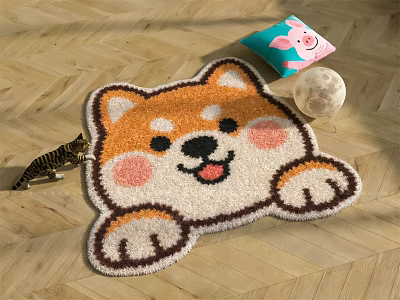 Cute Shiba Inu Shaped Rug With Brown White Pink Design On Wooden Floor 3d model