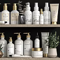 Stylish Modern Bathroom Accessories With Ceramic Bottles Jars And Green Plants On Shelves