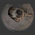 Ancient Human Figure Sitting On Round Mat Wearing Animal Skin Clothing Crafting