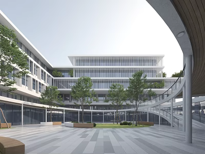 Modern School Building With Multi story Structure Courtyard Trees And Glass Facade 3d model