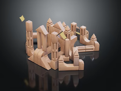 Wooden Building Blocks with Various Shapes Constructed into Architectural Structures on Dark Reflective Surface 3d model