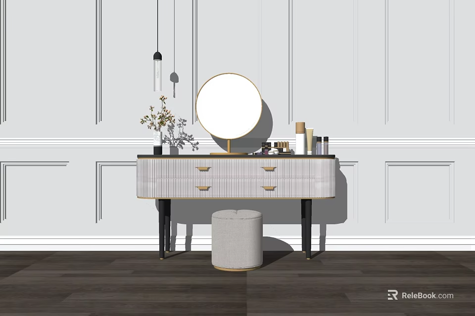 Modern Dressing Table With Round Mirror Stool And Cosmetics On White Wall 3d model