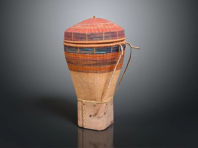 Handwoven Storage Basket With Colorful Stripes Domed Lid Wooden Base And Carry Handle 3d model