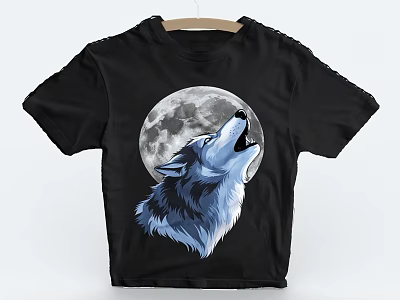 Black Crop T-shirt With Howling Wolf And Full Moon Graphic Print 3d model
