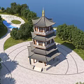 Traditional Five Tiered Chinese Pagoda With Golden Spire Surrounded By Green Trees And Grass
