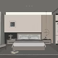 Minimalist Modern Bedroom Interior With Bed Nightstands Armchair Area Rug And Curtains