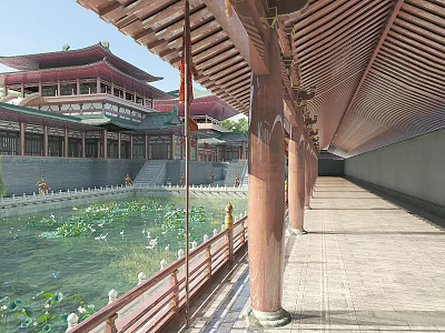 Chinese Garden Landscape With Ancient Wooden Architecture Lotus Pond And Stone Path 3d model