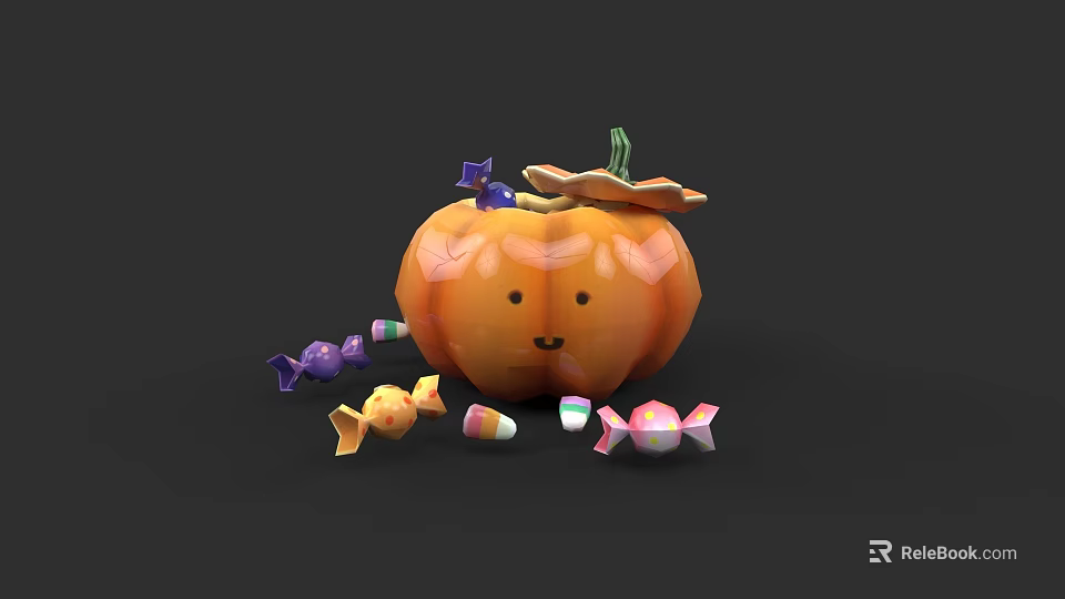 Plant Drawing Featuring Pumpkin With Smiling Face And Colorful Candies On Black Background 3d model 
