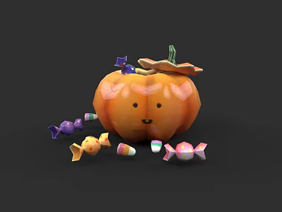 Plant Drawing Featuring Pumpkin With Smiling Face And Colorful Candies On Black Background 3d model