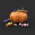 Plant Drawing Featuring Pumpkin With Smiling Face And Colorful Candies On Black Background