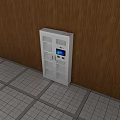 White Storage Cabinet With Transparent Doors Digital Screen And Wooden Wall Background