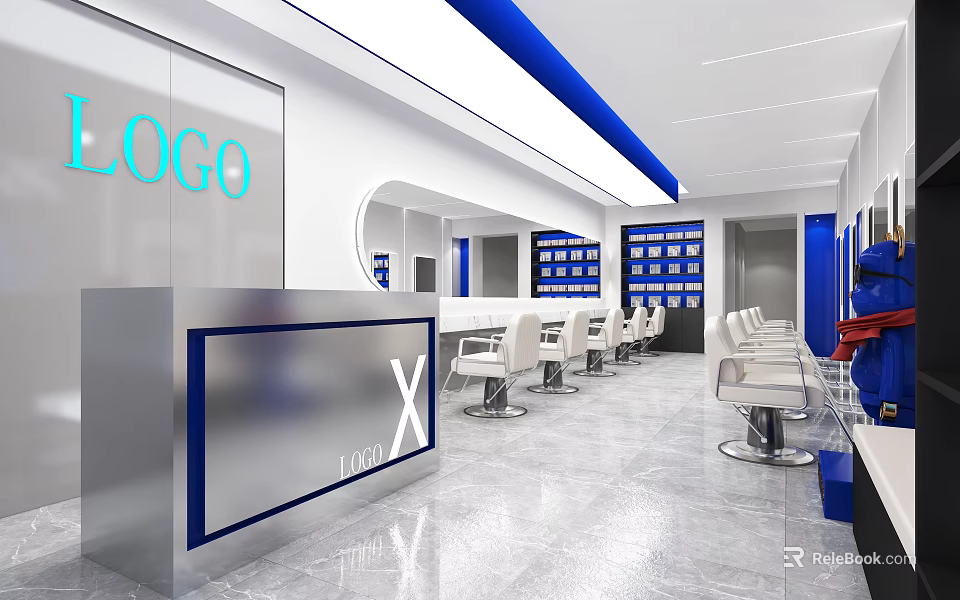 Modern Beauty Salon Interior With Reception Desk Mirrors White Chairs And Display Shelves 3d model 