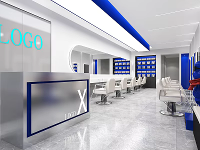 Modern Beauty Salon Interior With Reception Desk Mirrors White Chairs And Display Shelves 3d model