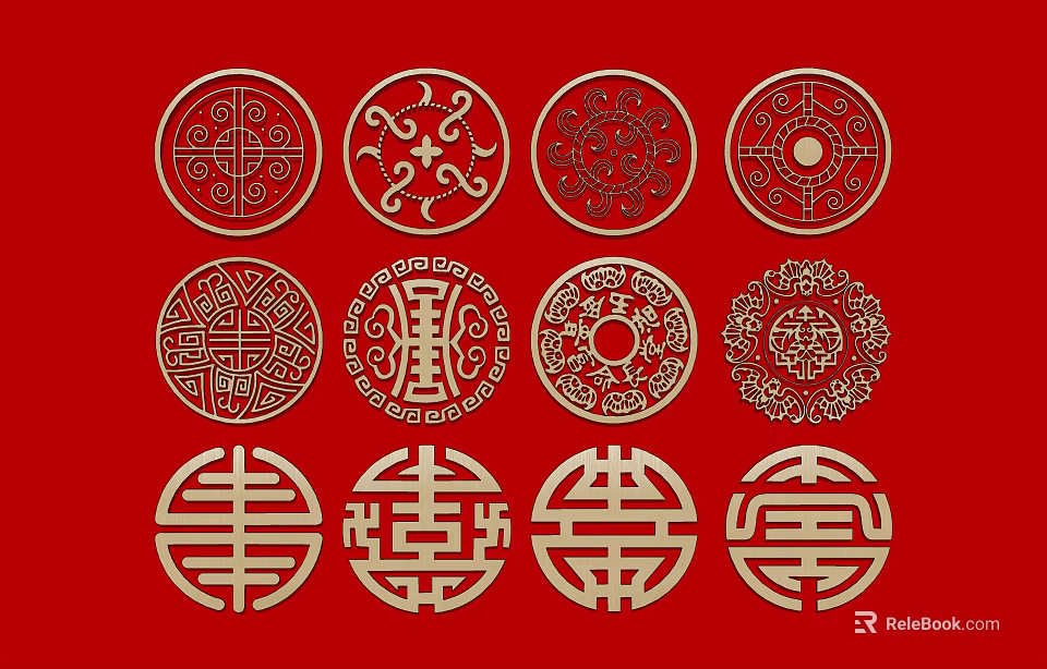 Traditional Chinese Circular Carvings with Ornate Patterns on Red Background 3d model 