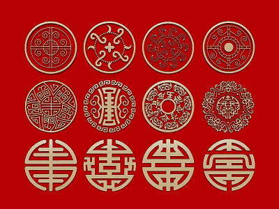Traditional Chinese Circular Carvings with Ornate Patterns on Red Background 3d model