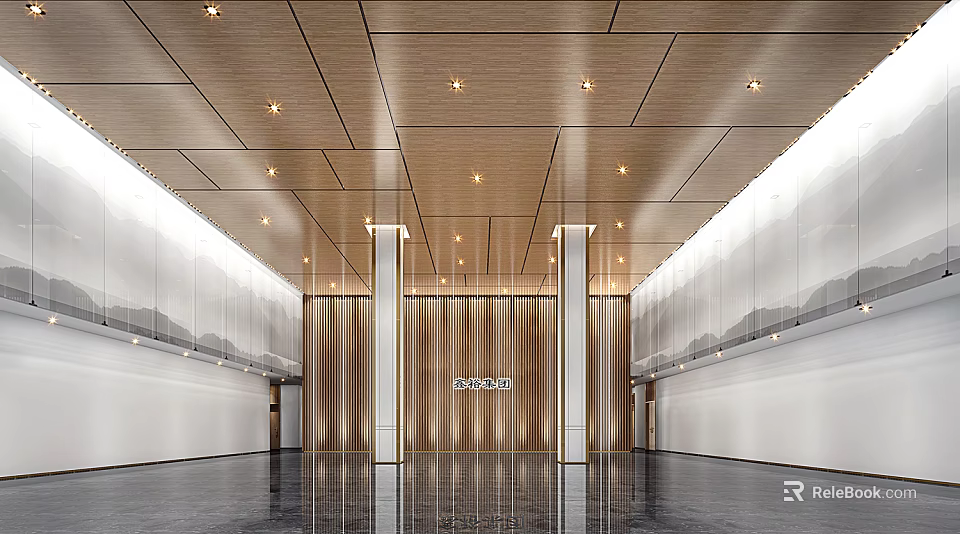 Modern Front Desk Lobby With Wooden Ceiling Glass Partitions Marble Floor And Metal Columns 3d model 