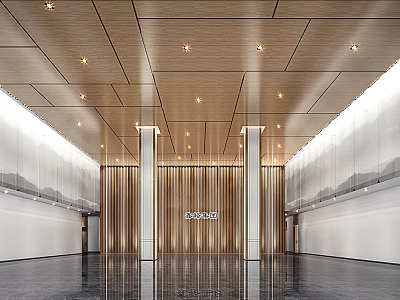 Modern Front Desk Lobby With Wooden Ceiling Glass Partitions Marble Floor And Metal Columns 3d model
