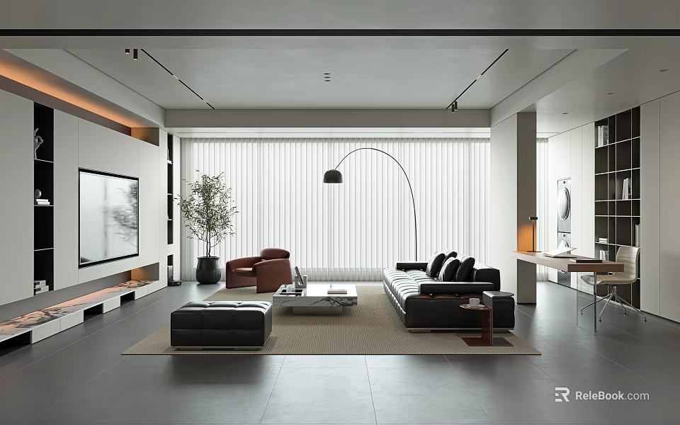 Modern Living Room Interior Design With Black Sofa Brown Armchair Floor Lamp And Sliding Blinds 3d model 