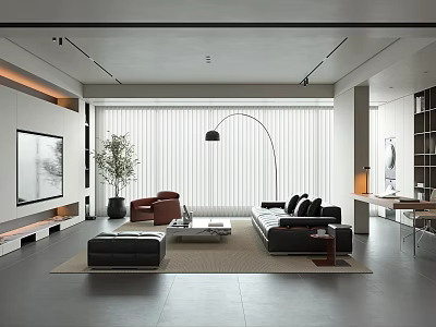 Modern Living Room Interior Design With Black Sofa Brown Armchair Floor Lamp And Sliding Blinds 3d model