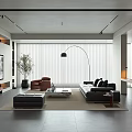 Modern Living Room Interior Design With Black Sofa Brown Armchair Floor Lamp And Sliding Blinds