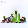 Decorative Ornament Combination With Green Rain Boots Daffodils Tulips Flower Pots And Garden Tools