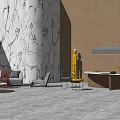Gray Sofa and Coffee Table Set With Marble Wall Yellow Sculpture and Green Plant