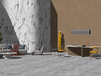 Gray Sofa and Coffee Table Set With Marble Wall Yellow Sculpture and Green Plant 3d model