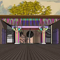 Traditional Pergola with Colorful Painted Beams Ornate Columns and Yellow Tree Backdrop