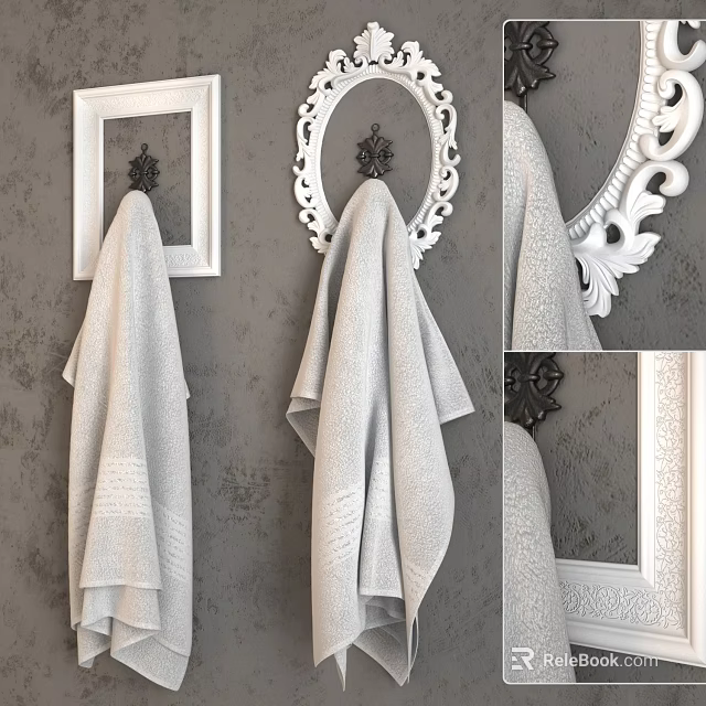 Soft Gray Towel Hanging On Decorative White Hooks Against Gray Wall With Frames 3d model 