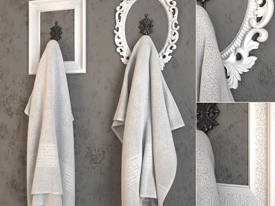 Soft Gray Towel Hanging On Decorative White Hooks Against Gray Wall With Frames 3d model