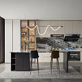 Modern Kitchen Interior Design With Marble Island Cabinets Pendant Lights And Bar Stools 3d model