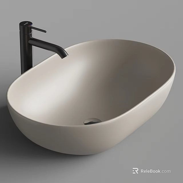 Modern Cream Colored Oval Countertop Wash Basin With Black Faucet Design 3d model 