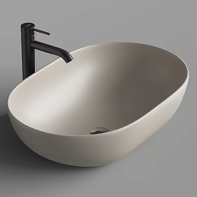 Modern Cream Colored Oval Countertop Wash Basin With Black Faucet Design 3d model