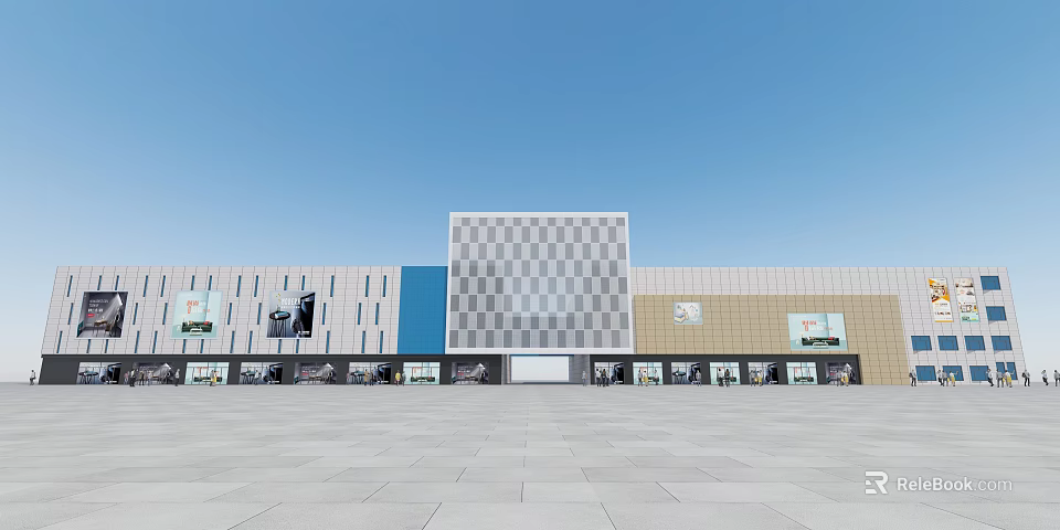 Modern Commercial Building Exterior With Geometric Pattern Facade And Spacious Square Area 3d model