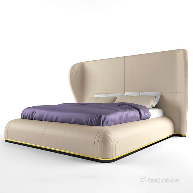 Contemporary Double Bed With Beige Leather Headboard Purple Comforter And Pillows 3d model 