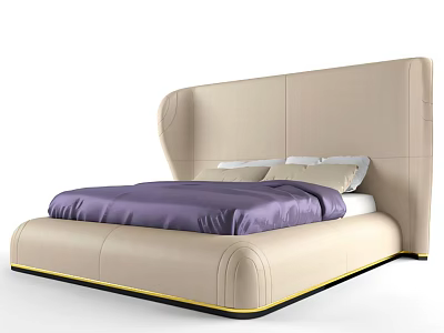 Contemporary Double Bed With Beige Leather Headboard Purple Comforter And Pillows 3d model