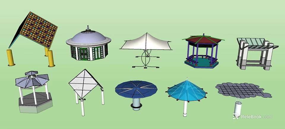 Various Outdoor Pavilion Designs Including Dome Umbrella And Octagonal Structures 3d model 