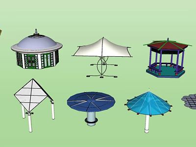 Various Outdoor Pavilion Designs Including Dome Umbrella And Octagonal Structures 3d model
