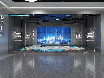 Tech Inspired Exhibition Hall With Large Digital Screen And City Projection 3d model