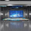 Tech Inspired Exhibition Hall With Large Digital Screen And City Projection 3d model