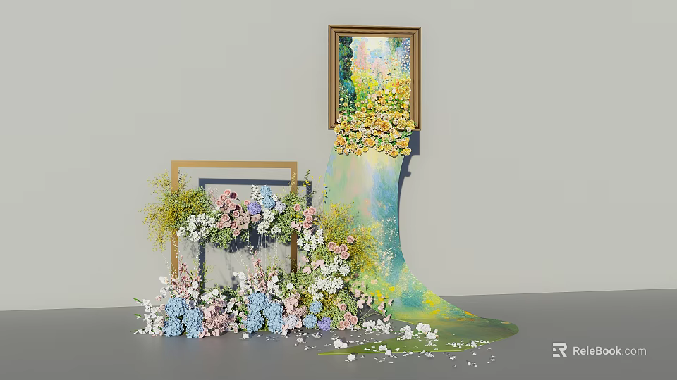 Artistic Photo Spot With Colorful Floral Decorations Picture Frame And Greenery 3d model 