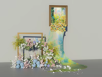 Artistic Photo Spot With Colorful Floral Decorations Picture Frame And Greenery 3d model
